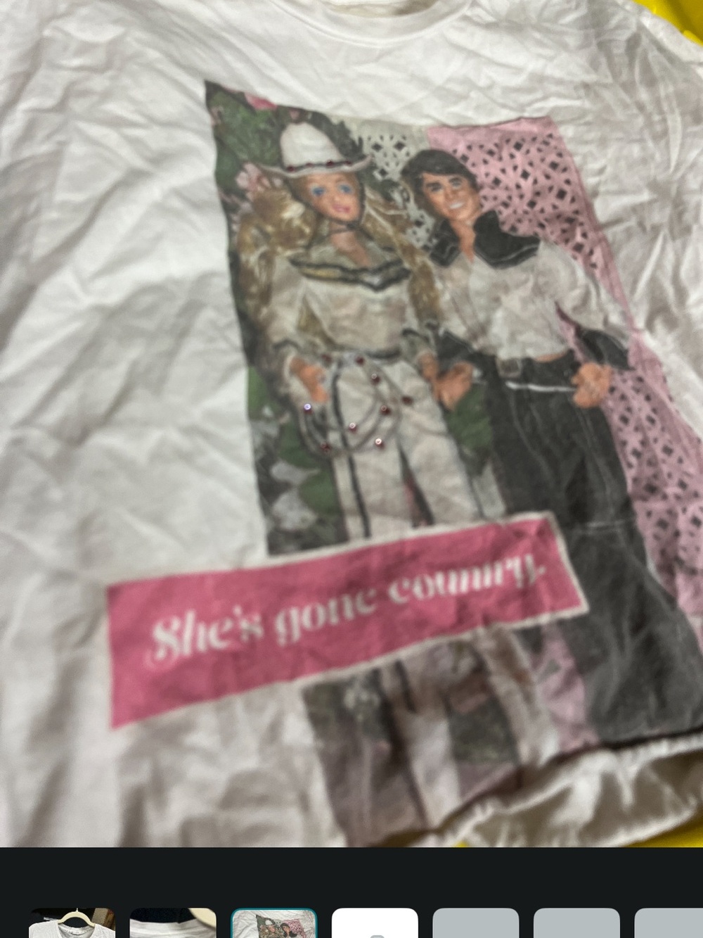 Women's cropped Graphic Tee with Pink Accent - She's Gone Country Barbie and Ken